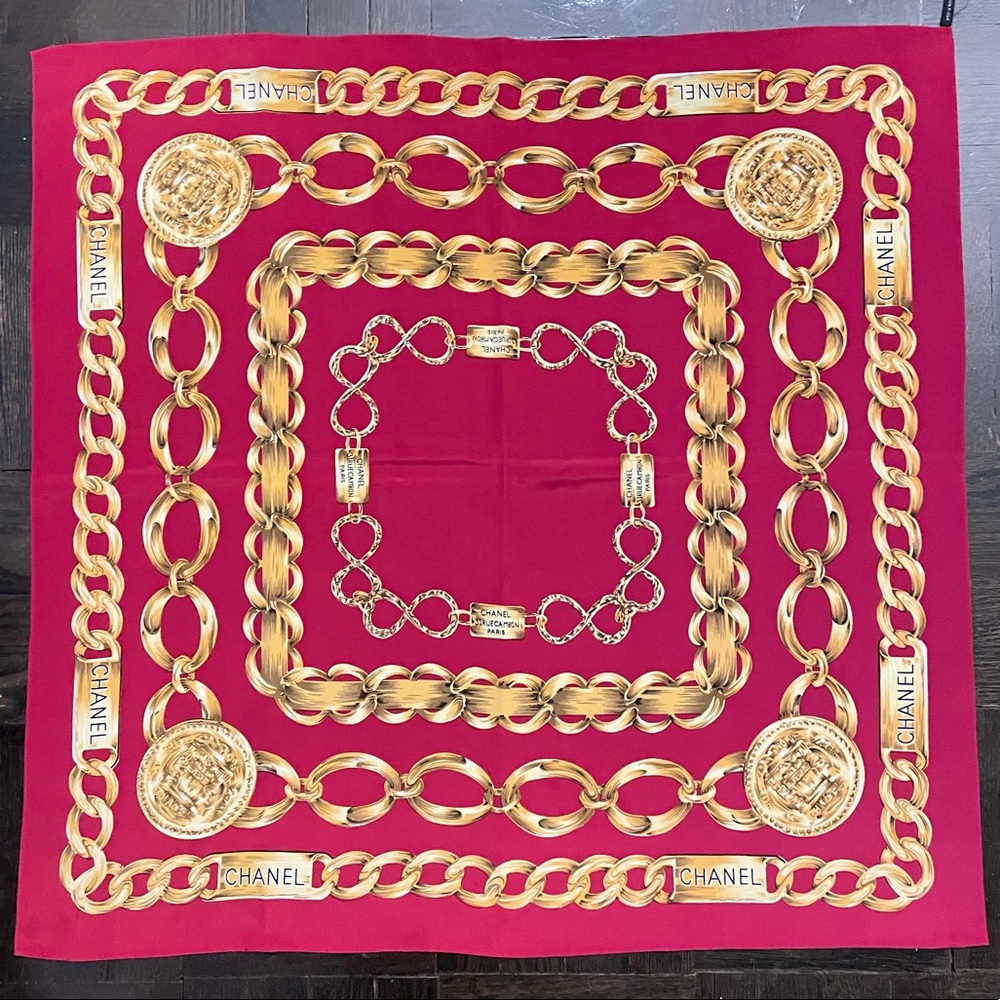 Great Condition Large Chanel Silk Scarf Red with Gold Chains Gift Box 33” Square